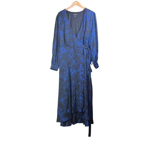Susan Graver Occasions Blue Black Monochrome Leopard Long Sleeve Midi Wrap Dress - Picture 9 of 13